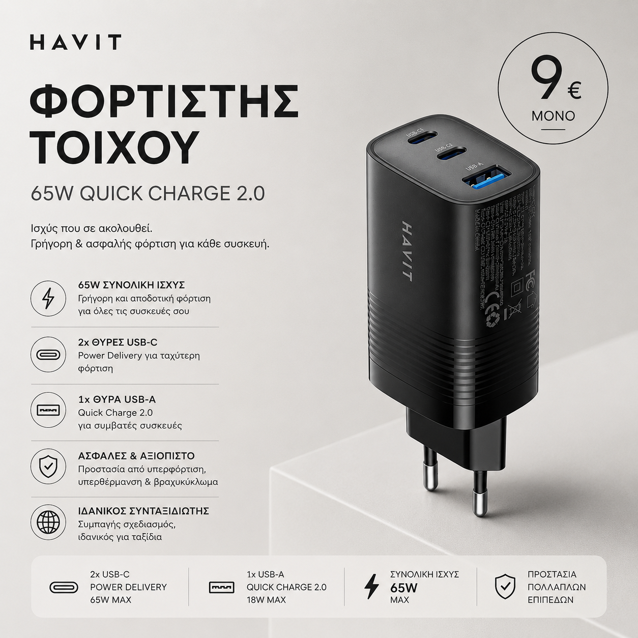 Havit UC20 Φορτιστής Χωρίς Καλώδιο με Θύρα USB-A & 2 Θύρες USB-C 65W Power Delivery & Quick Charge 3.0 Black