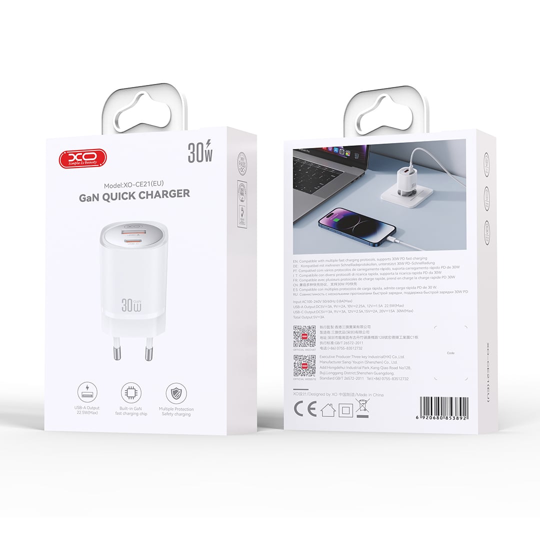 XO wall charger CE21 PD 30W 1x USB-C 1x USB white - Image 2