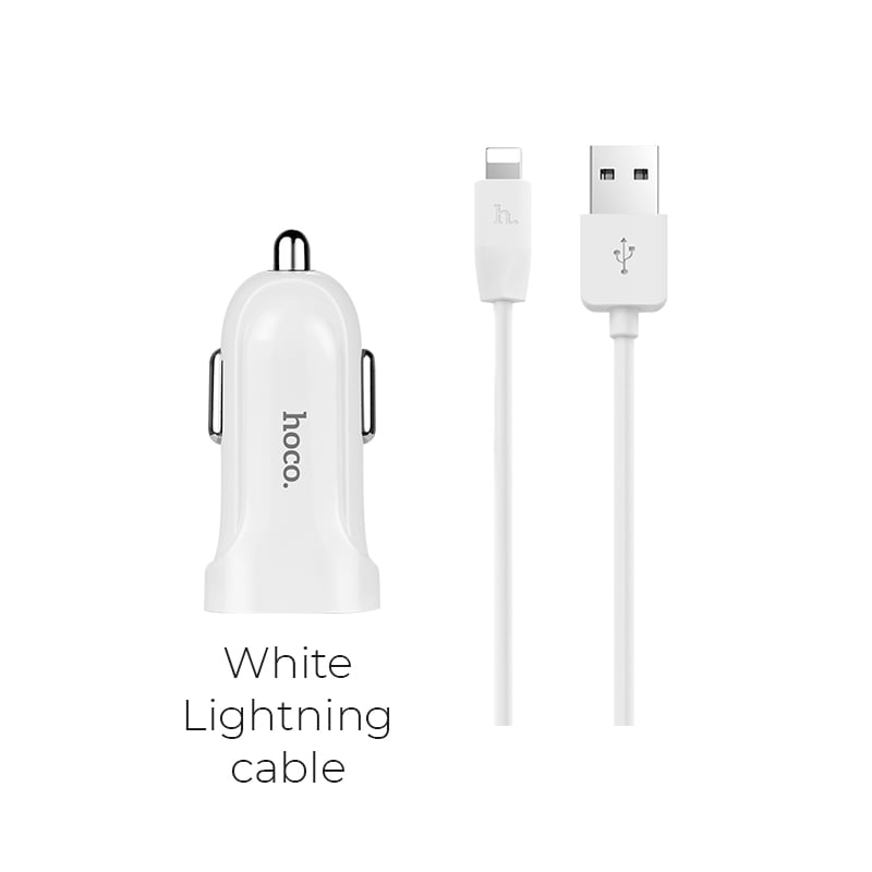 Hoco Φορτιστής Αυτοκινήτου Ζ2Α με Διπλή θύρα USB-Α 2.4A και καλώδιο Lightning Λευκό