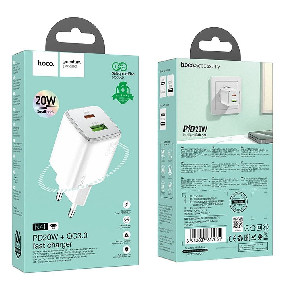 HOCO N41 φορτιστής USB-A + Type-C PD QC 3A 20W λευκός - Image 2