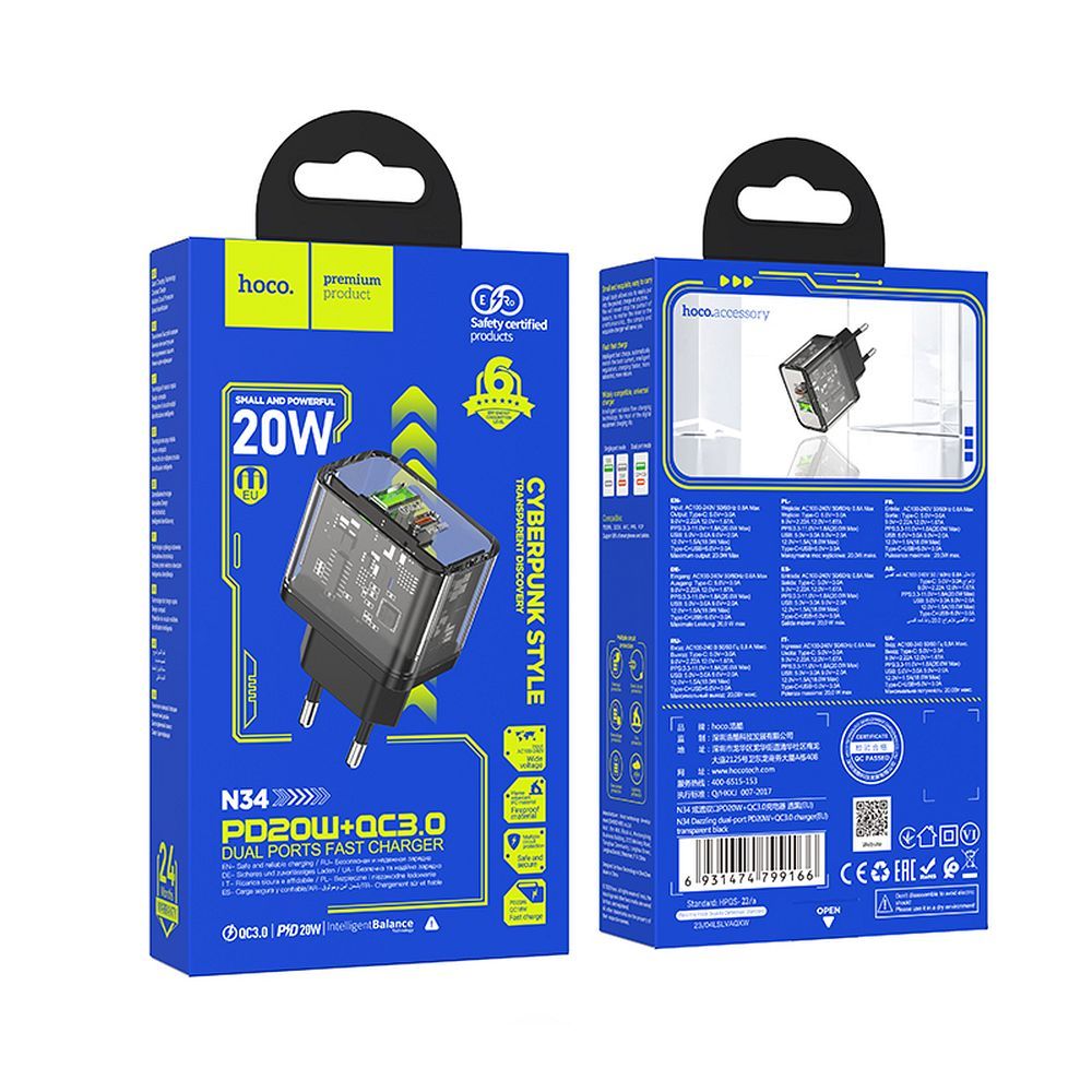HOCO N34 φορτιστής τοίχου USB-A + Type-C PD QC3.0 3A 20W διαφανής - Image 2