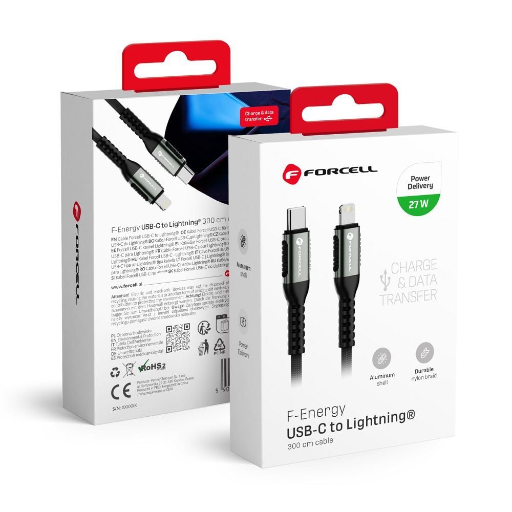 Forcell C259 Πλεκτό Καλώδιο USB-C σε Lightning 27W 3m Μαύρο - Image 2