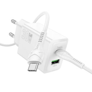 Φορτιστής Hoco USB-A + USB-C QC3.0 PD AFC 3A 30W με καλώδιο USB-C to USB-C N71 λευκό
