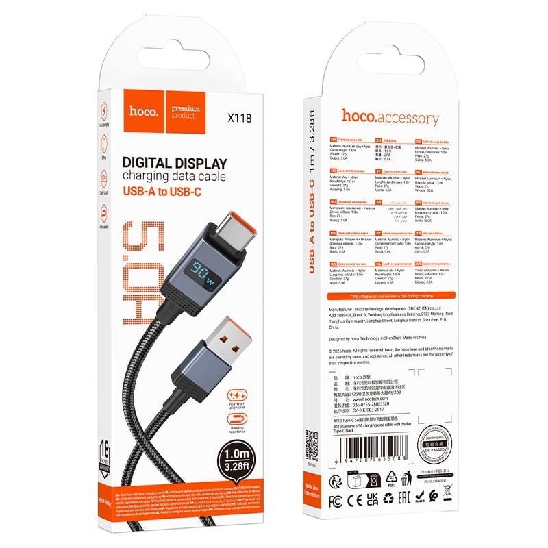 Καλώδιο USB-A σε USB-C Hoco 5A με οθόνη 1μ X118 μαύρο - Image 2