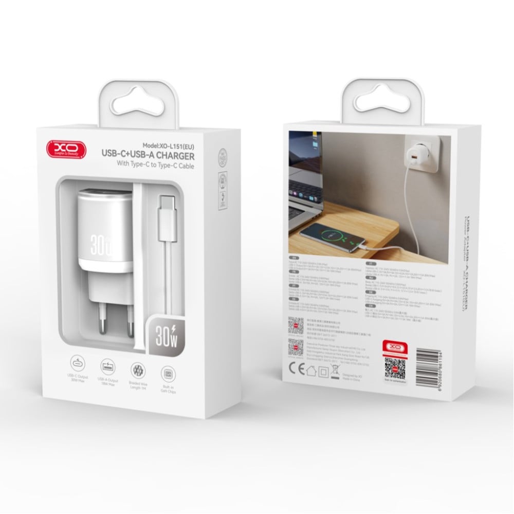 XO 220V 30W, USB-A + USB-C + καλώδιο Type-C – Lightning, L151 λευκό - Image 2