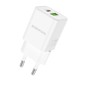 Borofone Wall charger BN14 Royal GaN – 1*USB-A + 1*USB-C – QC 3.0 PD 30W white
