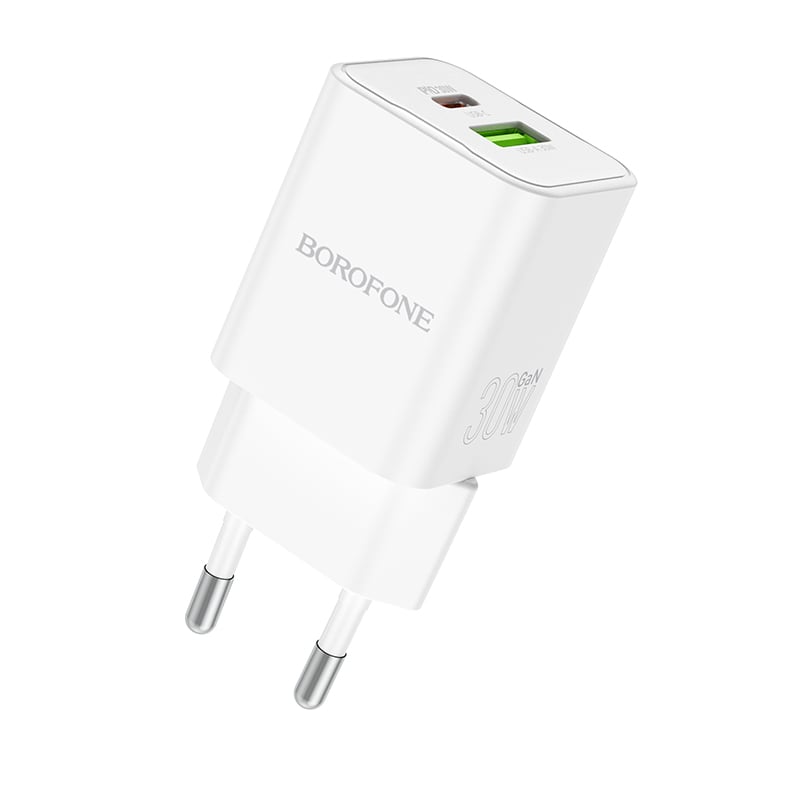 Borofone Wall charger BN14 Royal GaN – 1*USB-A + 1*USB-C – QC 3.0 PD 30W white