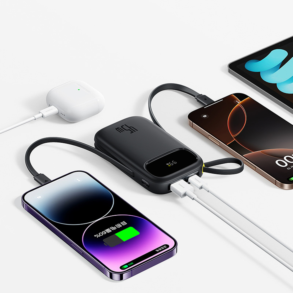BASEUS Power Bank 10000mAh, 45W με ενσωματωμένα καλώδια USB-C & Lightning, EnerFill FC31 Qpow 3 Μαύρο – E0028C00 - Image 7