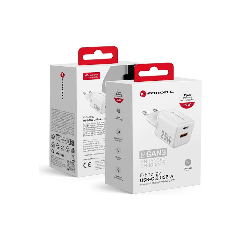 Φορτιστής Forcell F-Energy Mini GaN III USB-C + USB-A QC4.0 PD 25W VT-25B λευκό - Image 2