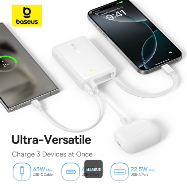 BASEUS Power Bank 10000mAh, 45W με ενσωματωμένο καλώδιο USB-C, PicoGo λευκό – P10076803213-00 - Image 7