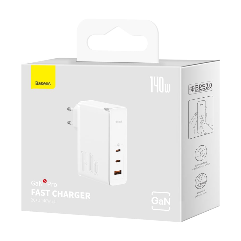 Baseus wall charger GaN5 Pro PD 140W 2x USB-C 1x USB white + USB-C – USB-C 240W cable - Image 2