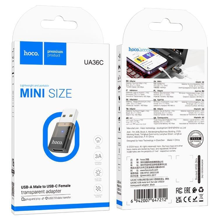 Adapter USB A to USB C Hoco UA36C διαφανές μαύρο - Image 2