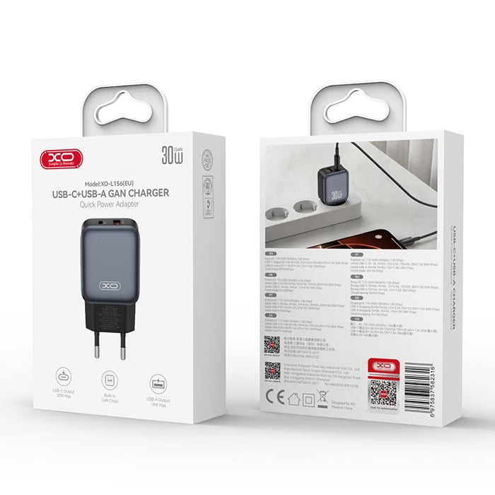 XO 220V 30W, USB-A + USB-C GaN Nitride, L156 black - Image 2