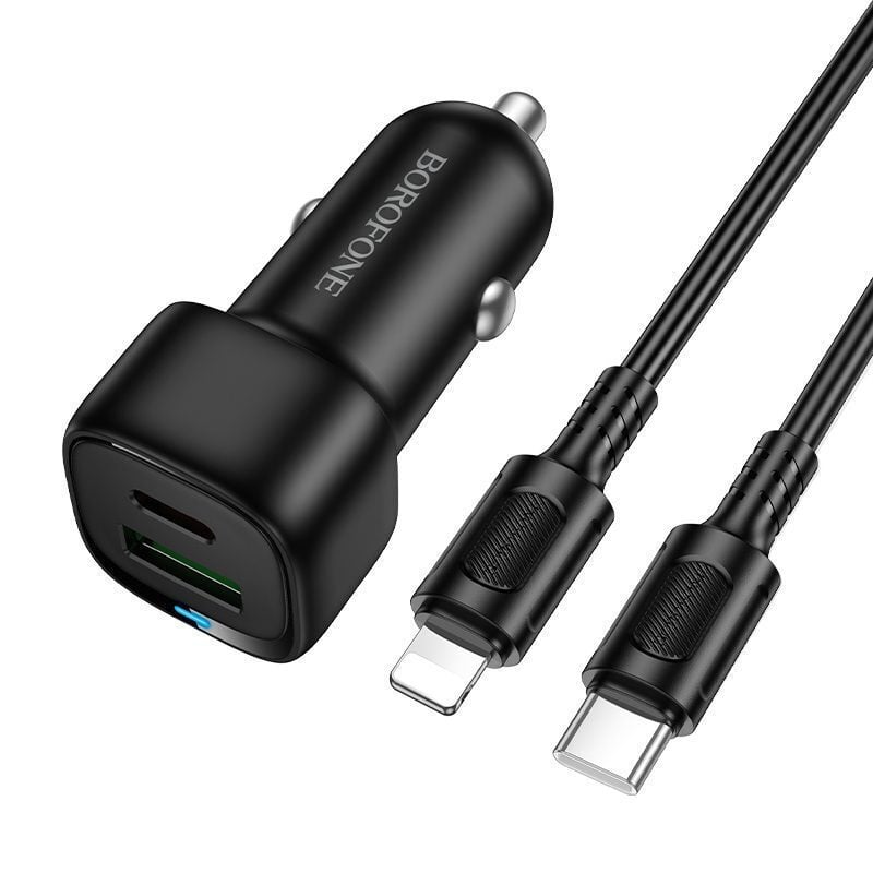 Borofone Car Charger BZ34B Cloud – USB + Type C – QC 3.0 PD 38W με καλώδιο Type C σε Lightning μαύρο
