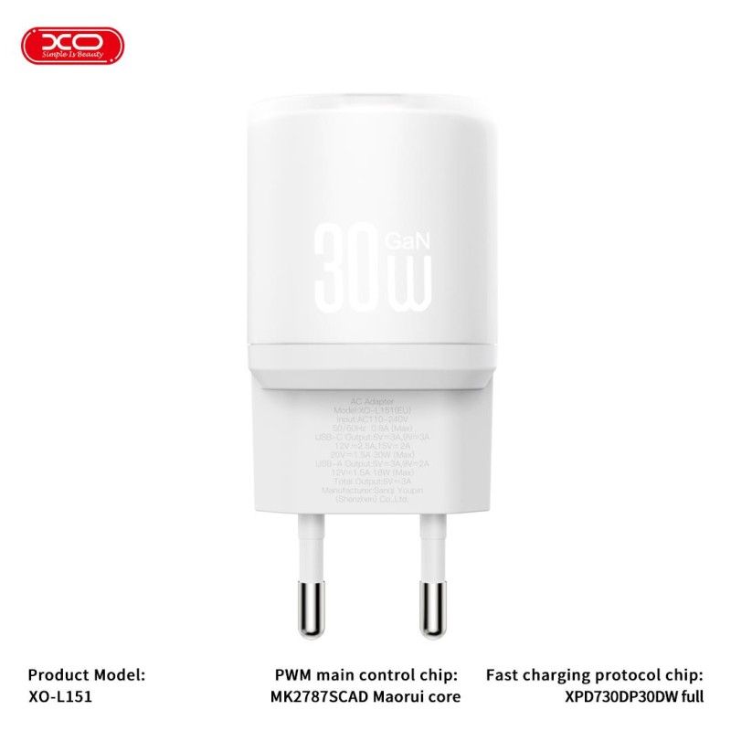 XO 220V 30W, USB-A + USB-C + καλώδιο Type-C – Lightning, L151 λευκό - Image 3
