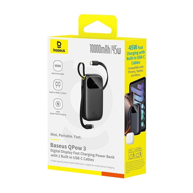 BASEUS Power Bank 10000mAh, 45W με ενσωματωμένα καλώδια USB-C & Lightning, EnerFill FC31 Qpow 3 Μαύρο – E0028C00 - Image 2