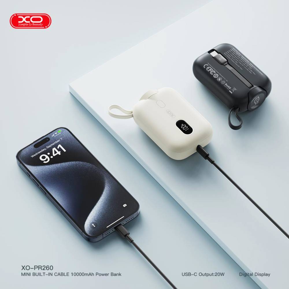 XO Power Bank 10000mAh 20W, Ασύρματος Φορτιστής Ρολογιού + Ενσωματωμένο Καλώδιο Type-C Λευκό – PR260 - Image 4