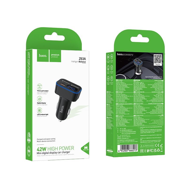 Φορτιστής αυτοκινήτου Hoco με LCD 2xUSB-A + 1xUSB-C PD QC3.0 42W Z63A μαύρος - Image 2