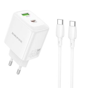 Borofone Wall charger BN30 Cargador GaN – USB-A + Type C – QC 3.0 PD 45W με καλώδιο Type C σε Type C λευκό