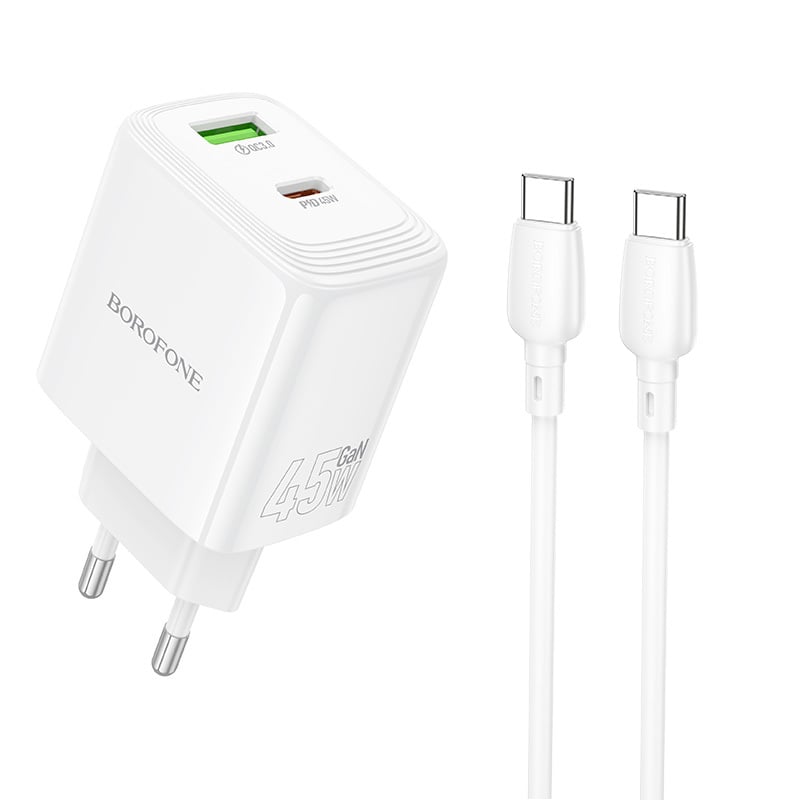 Borofone Wall charger BN30 Cargador GaN – USB-A + Type C – QC 3.0 PD 45W με καλώδιο Type C σε Type C λευκό