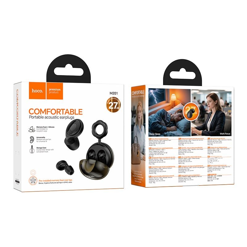 Sleep earplugs Hoco (3 sizes – Small, Medium, Large) M201 black - Image 2