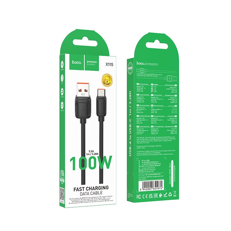 Cable USB-A to USB-C Hoco PD 5A 100W 1m X115 black - Image 2