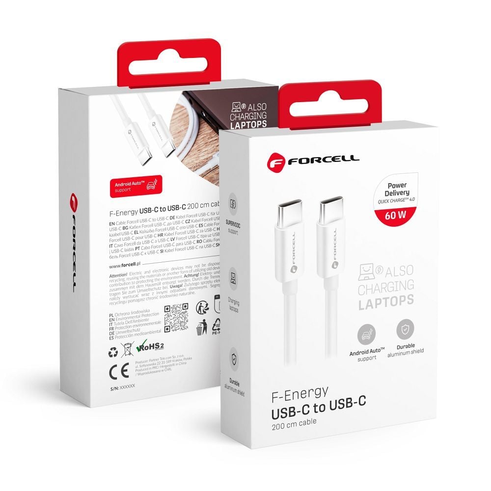 FORCELL F-ENERGY C338 καλώδιο Type C σε Type C PD QC4.0 3A 60W 2m λευκό - Image 2