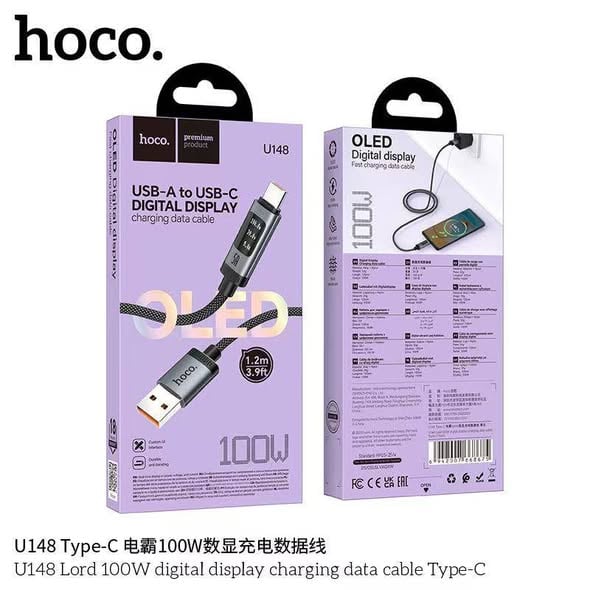 Καλώδιο Data USB-A σε USB-C με ψηφιακή οθόνη Hoco PD 6A 100W 1,2m U148 μαύρο - Image 2