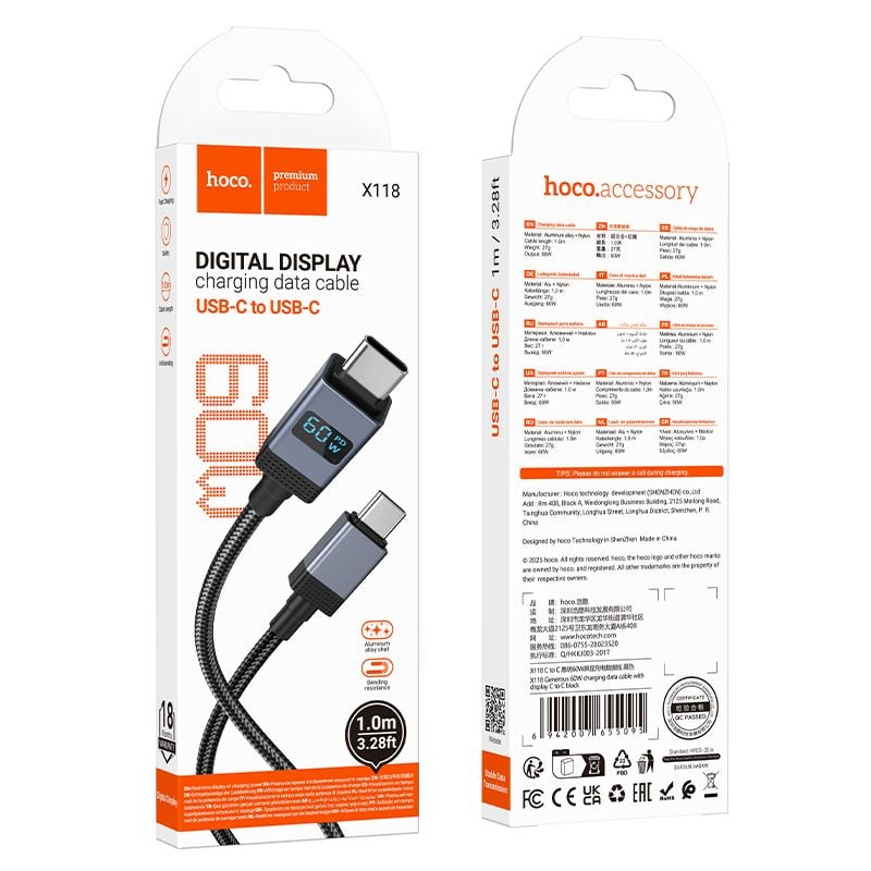 Καλώδιο USB-C σε USB-C Hoco 3A 60W με οθόνη 1m X118 μαύρο - Image 2