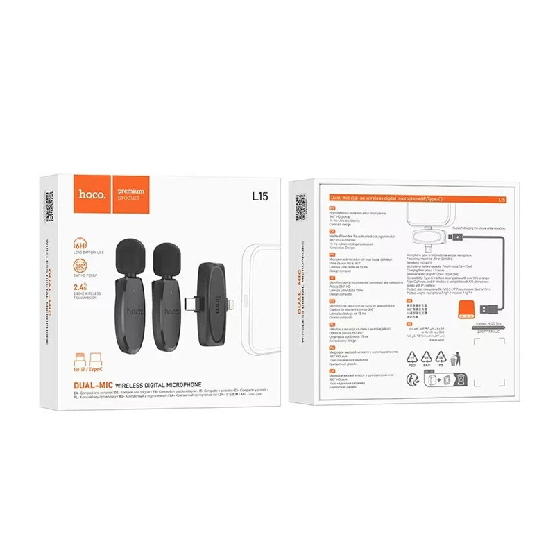 Ασύρματο Μικρόφωνο Hoco L15, USB-C / Lightning, 2-Pack, Μαύρο - Image 2