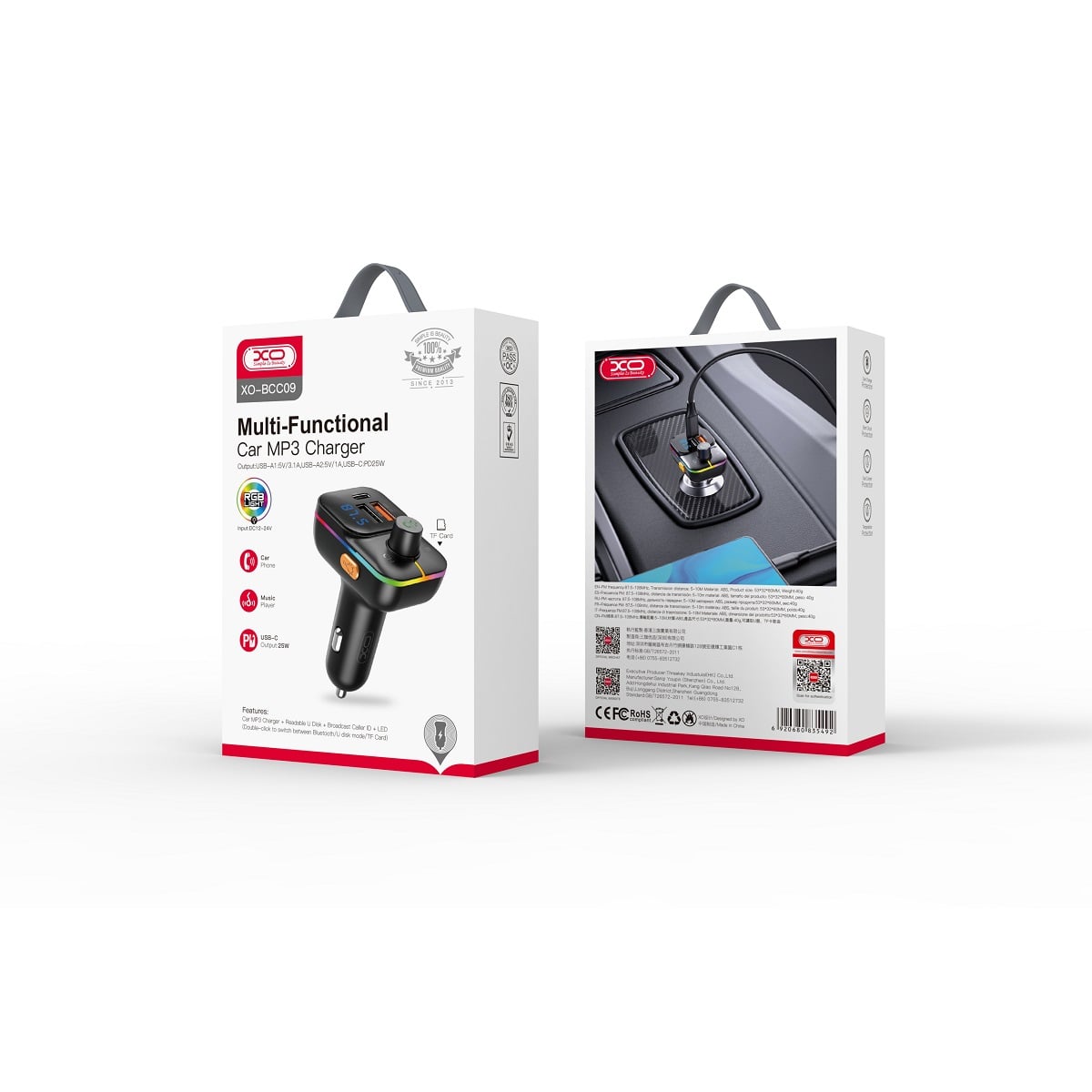 XO MP3 Ασύρματος Πομπός FM 25W, QC, 3.1A, 1xUSB-A, 1xUSB-A/TF Card, 1xUSB-C + Ambient light, BCC09 μαύρο - Image 2
