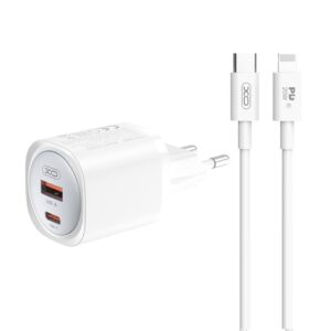 XO 220V 30W, USB-A + USB-C + καλώδιο USB-C σε Lightning, GaN Nitride, λευκό – CE21