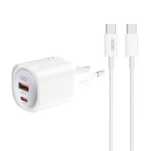 XO CE21 220V 30W, 1*USB-A + 1*USB-C, USB-C to USB-C καλώδιο, GaN Nitride, λευκό