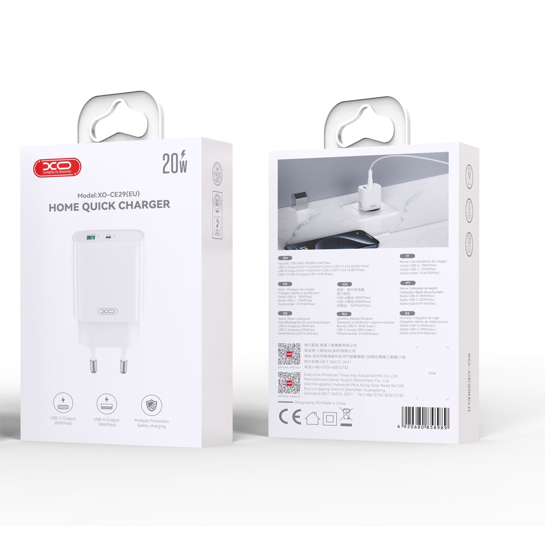 XO wall charger CE29 PD 20W 1x USB-C 1x USB-A white - Image 2