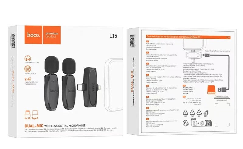 Ασύρματο Μικρόφωνο Hoco L15, USB-C / Lightning, 2-Pack, Μαύρο - Image 8