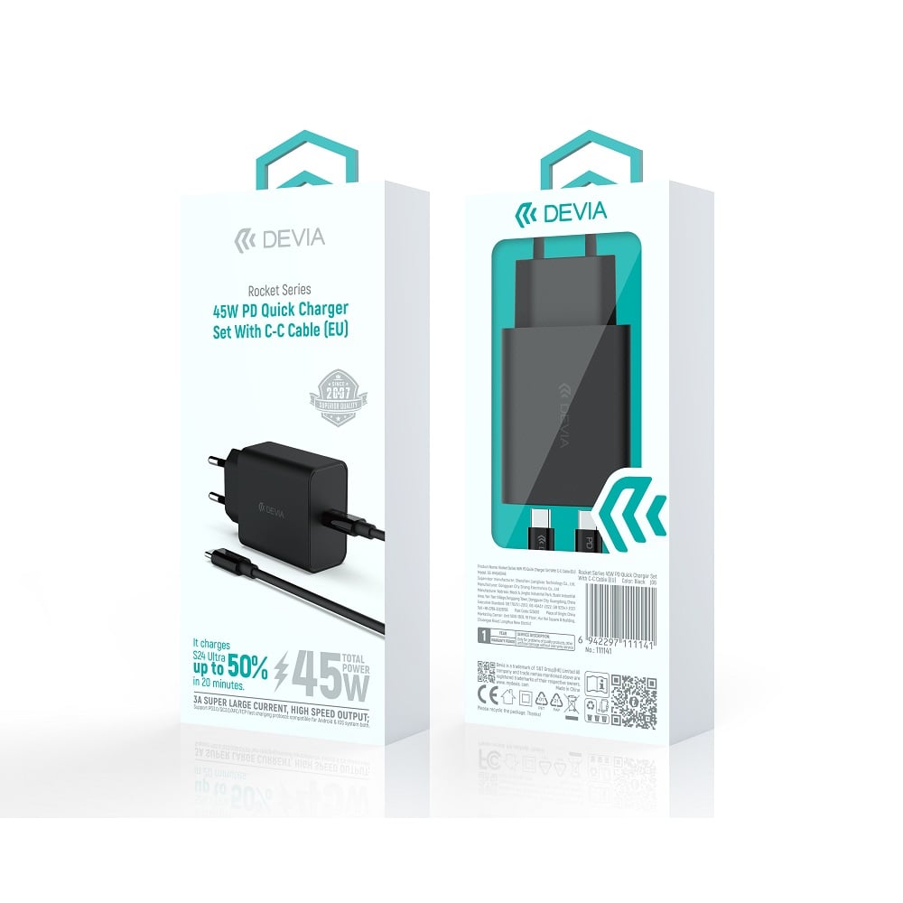 Devia wall charger Rocket PD 45W 1x USB-C black + cable USB-C – USB-C - Image 2