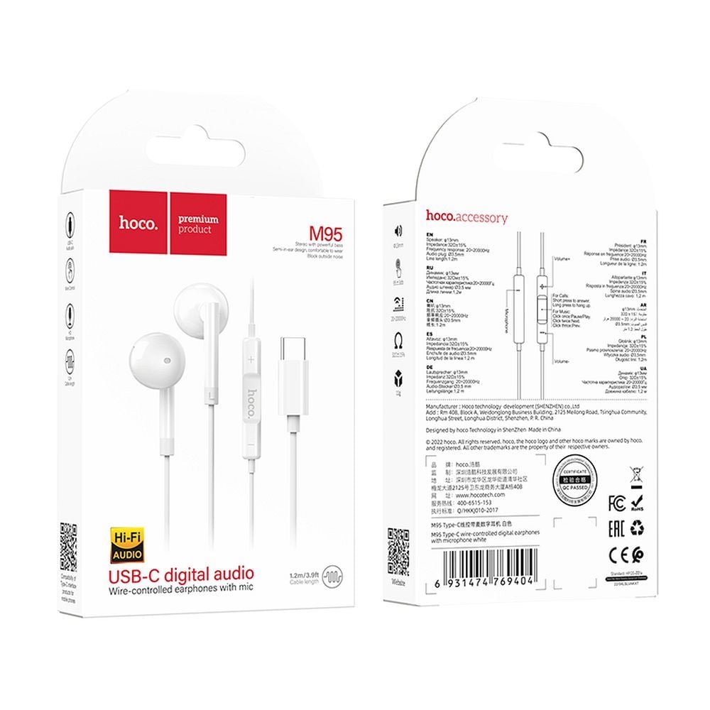 Hoco M95 ακουστικά USB Type-C με μικρόφωνο λευκά - Image 2