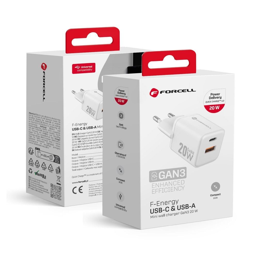 FORCELL F-ENERGY Mini GaN III VT-35A φορτιστής ταξιδίου με 1x Type C + 1x USB A, PD QC4.0 20W λευκό - Image 2