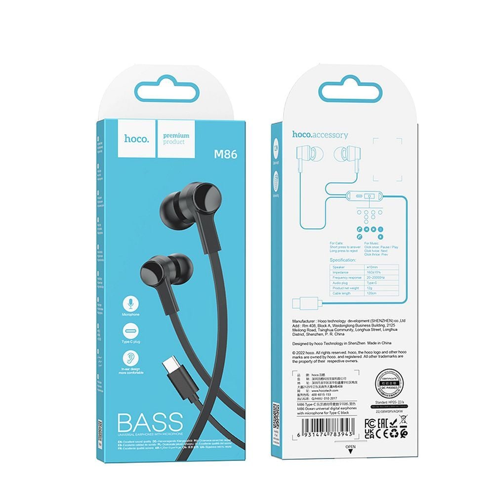 HOCO ακουστικά handsfree με καλώδιο Type C και μικρόφωνο M86 μαύρα - Image 2
