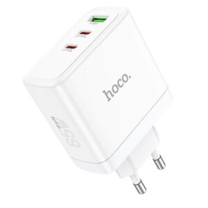 HOCO N30 φορτιστής τοίχου 2 x Type C + USB A QC PD 65W GaN λευκός