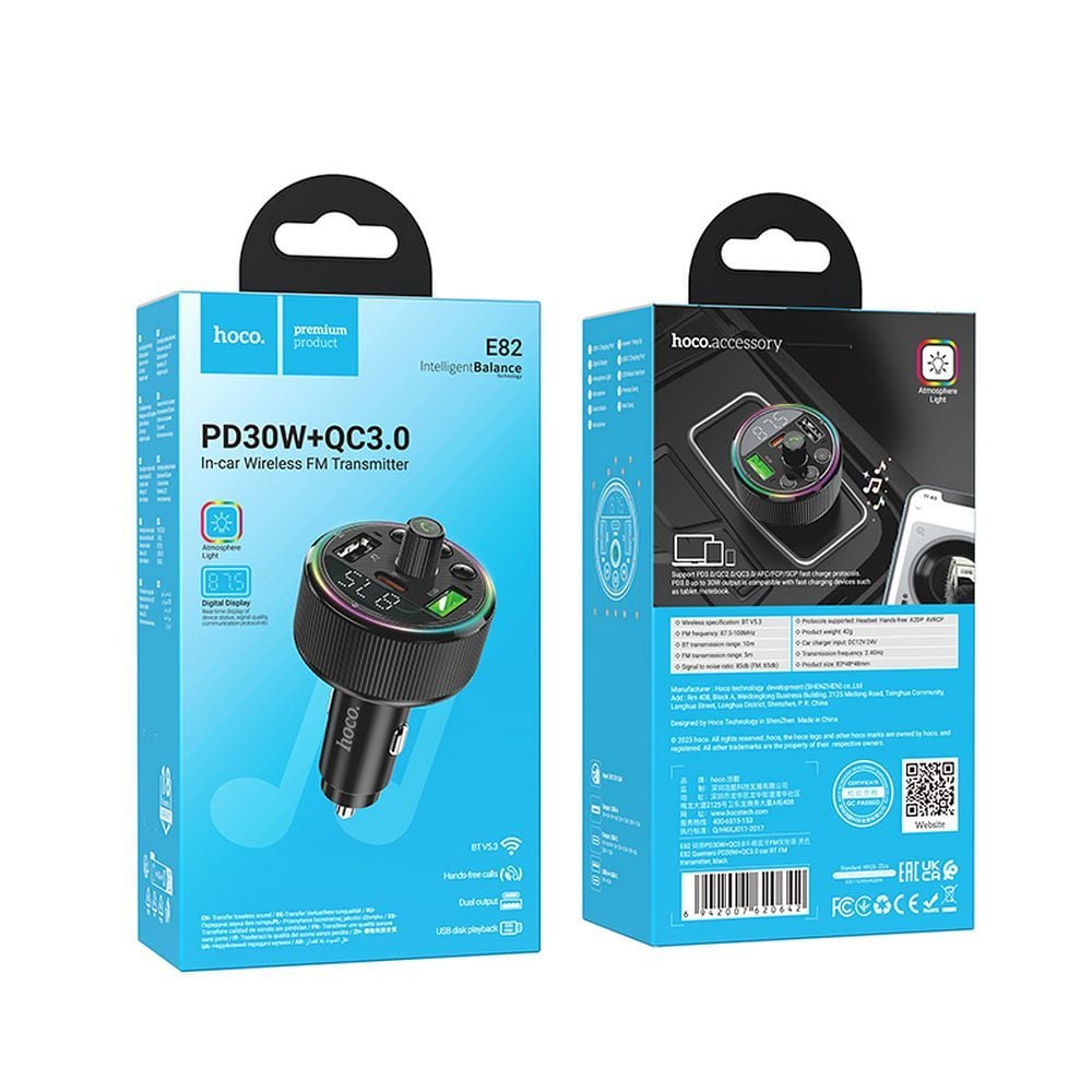 Hoco FM πομπός αυτοκινήτου Bluetooth 2x USB-A + Type-C PD QC3.0 30W E82 μαύρο - Image 2