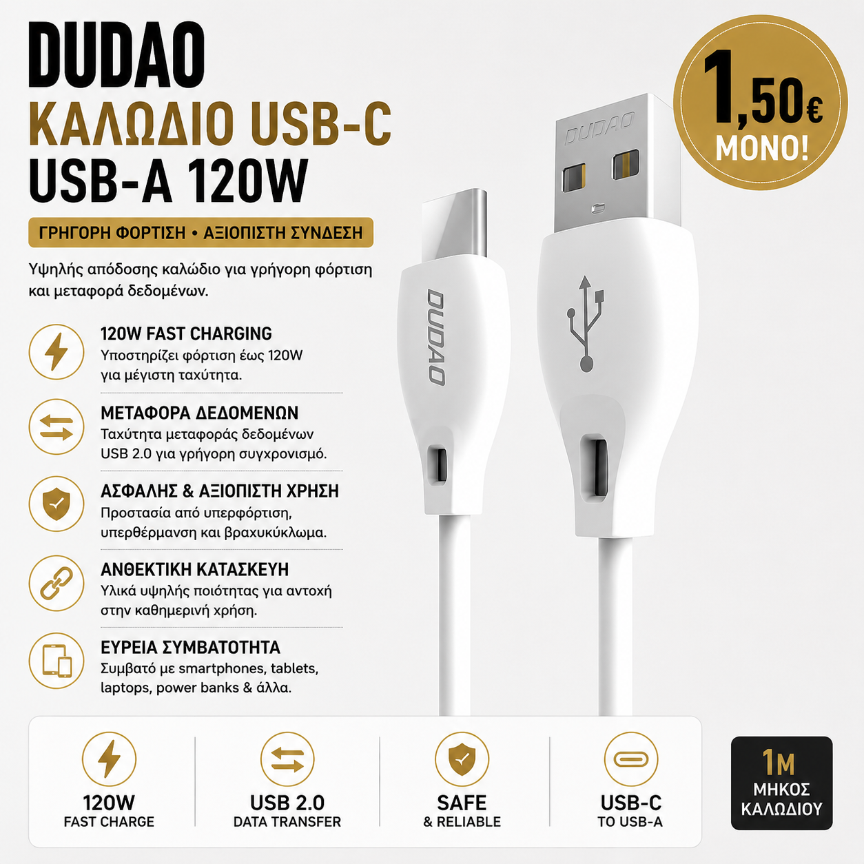 Dudao Καλώδιο USB Type-C σε USB-A 120W 1m Μαύρο