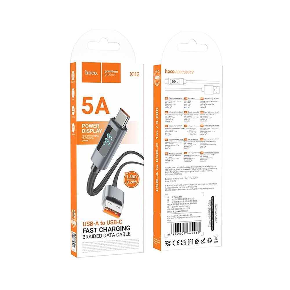 Καλώδιο USB-A σε USB-C Hoco 5A με οθόνη 1m X112 μαύρο - Image 2