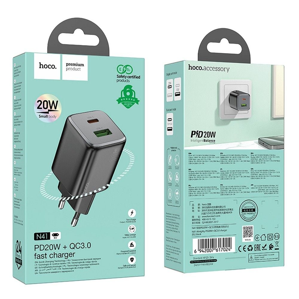 Φορτιστής Hoco N41 USB-A + USB-C QC3.0 PD 3A 20W Μαύρος - Image 2