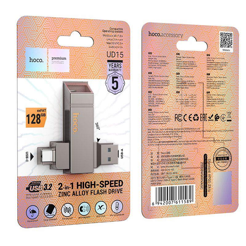 Pendrive 128GB USB 3.2 (USB-A + USB-C) Hoco UD15 γκρι - Image 2