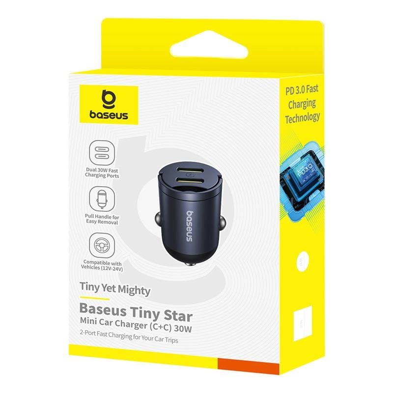 Baseus Mini Tiny Star 2x USB-C PD φορτιστής αυτοκινήτου 1x USB-C – USB-C θύρα 30W μαύρος - Image 2
