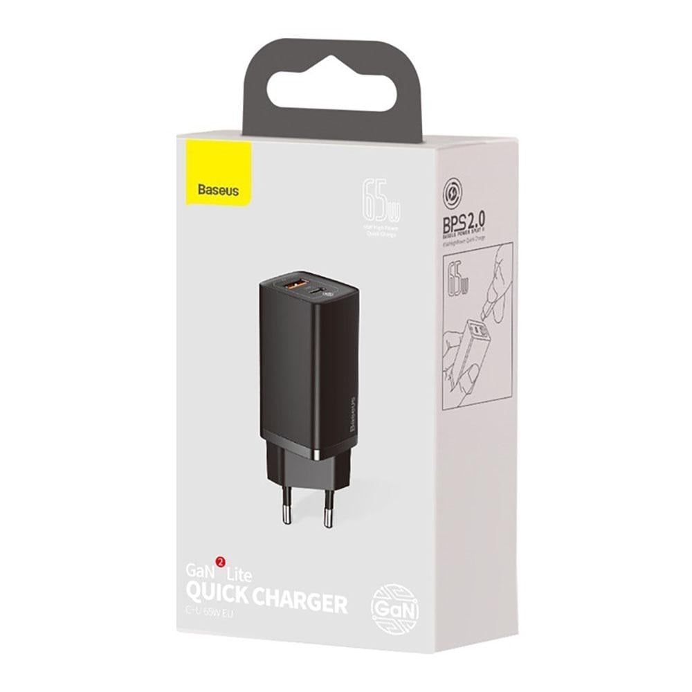 BASEUS 220V 65W, USB-A + USB-C, GaN2 Lite, black – CCGAN2L-B01 - Image 2