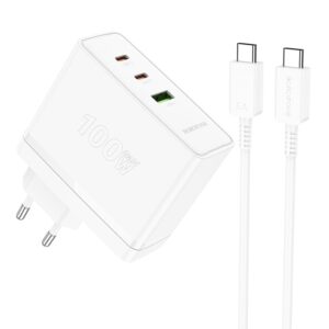 Borofone Wall charger BN11 Imperial – USB + 2xType C – QC 3.0 PD 100W with Type C to Type C cable white