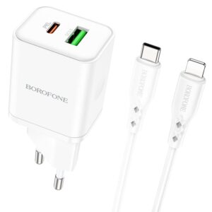 Borofone Wall charger BN7 – USB + Type C – QC 3.0 PD 20W with Type C to Lightning cable white