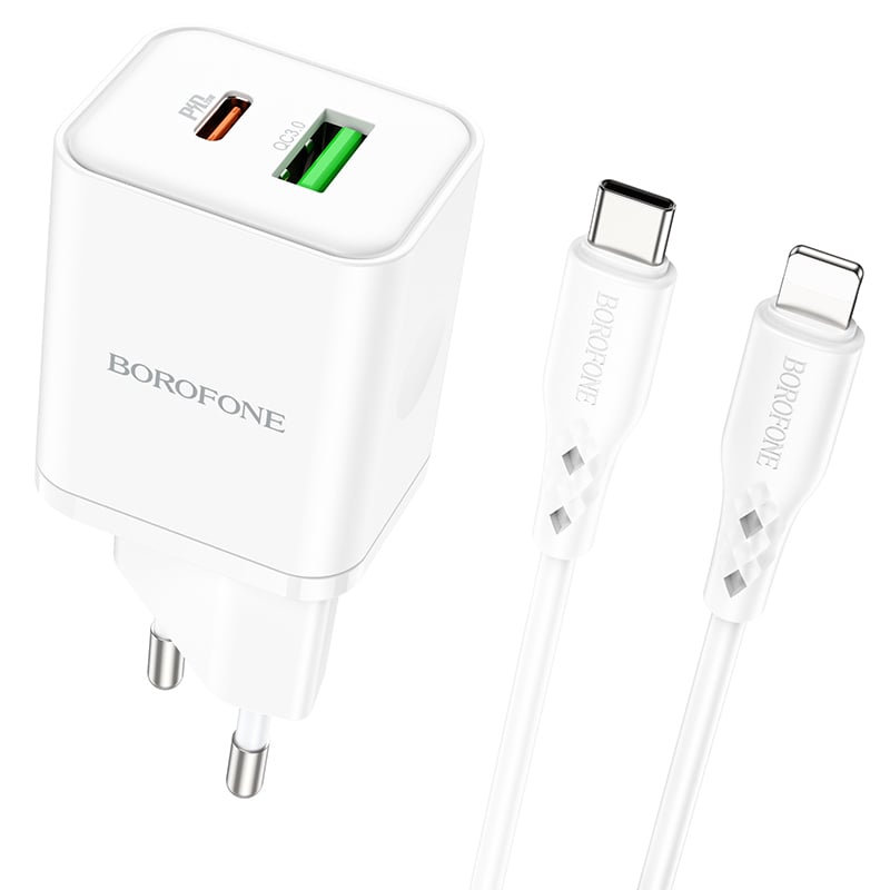 Borofone Wall charger BN7 – USB + Type C – QC 3.0 PD 20W with Type C to Lightning cable white